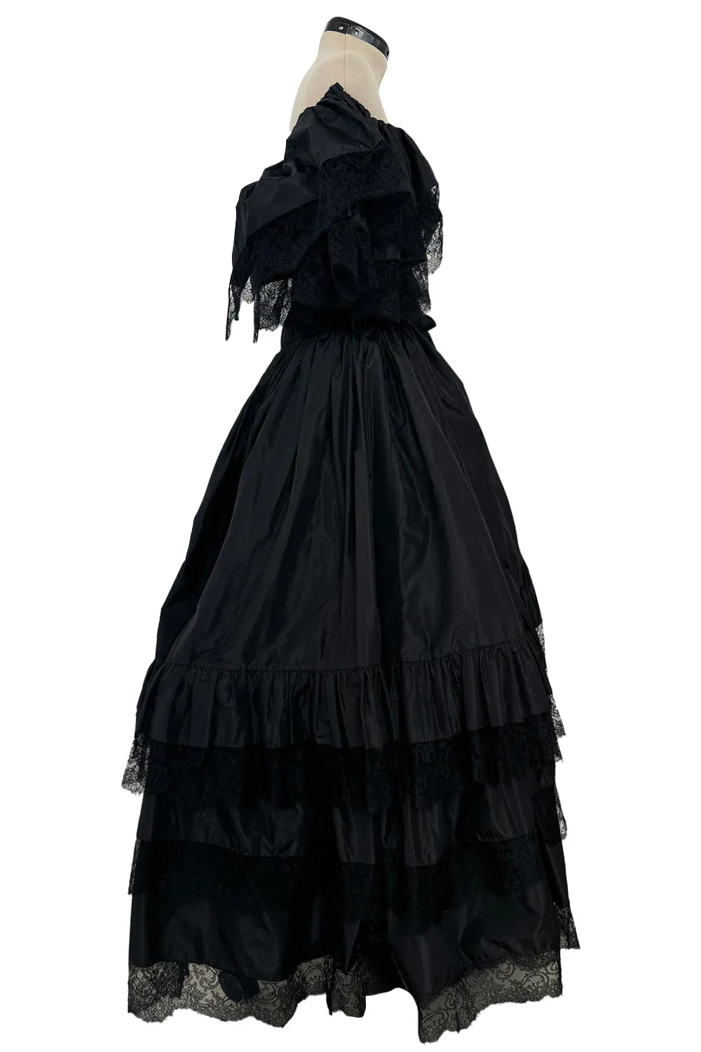 Dramatic 1970s Louis MiesOff Shoulder Haute Couture Silk Dress w Hand Made Lace & Full Skirt