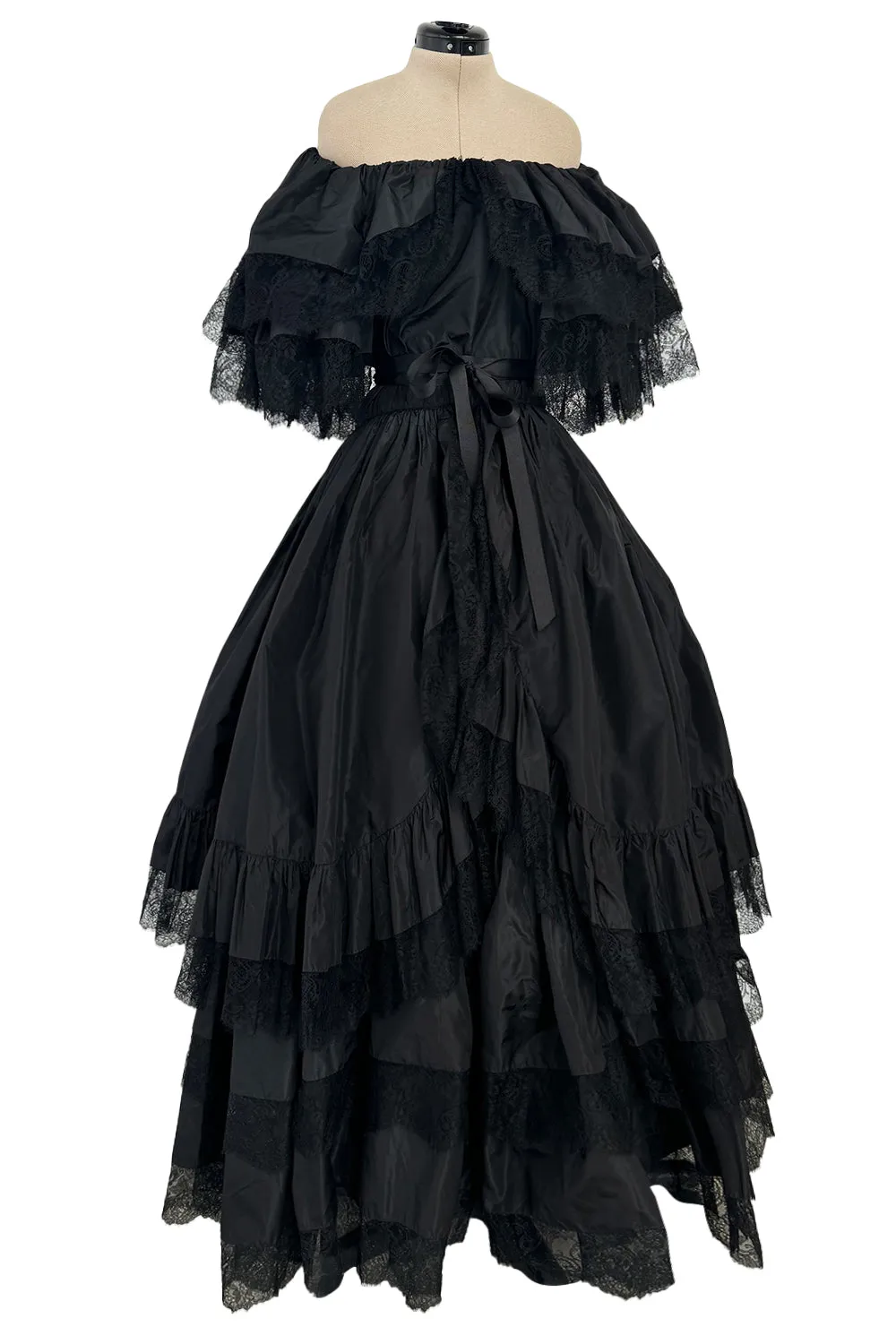 Dramatic 1970s Louis MiesOff Shoulder Haute Couture Silk Dress w Hand Made Lace & Full Skirt