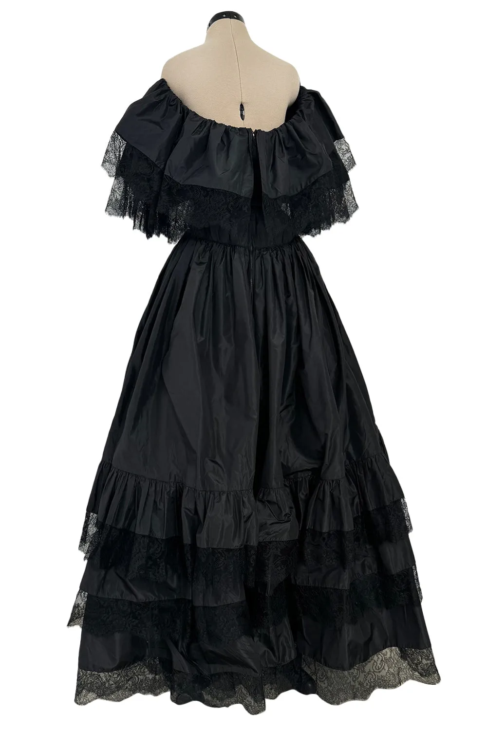 Dramatic 1970s Louis MiesOff Shoulder Haute Couture Silk Dress w Hand Made Lace & Full Skirt