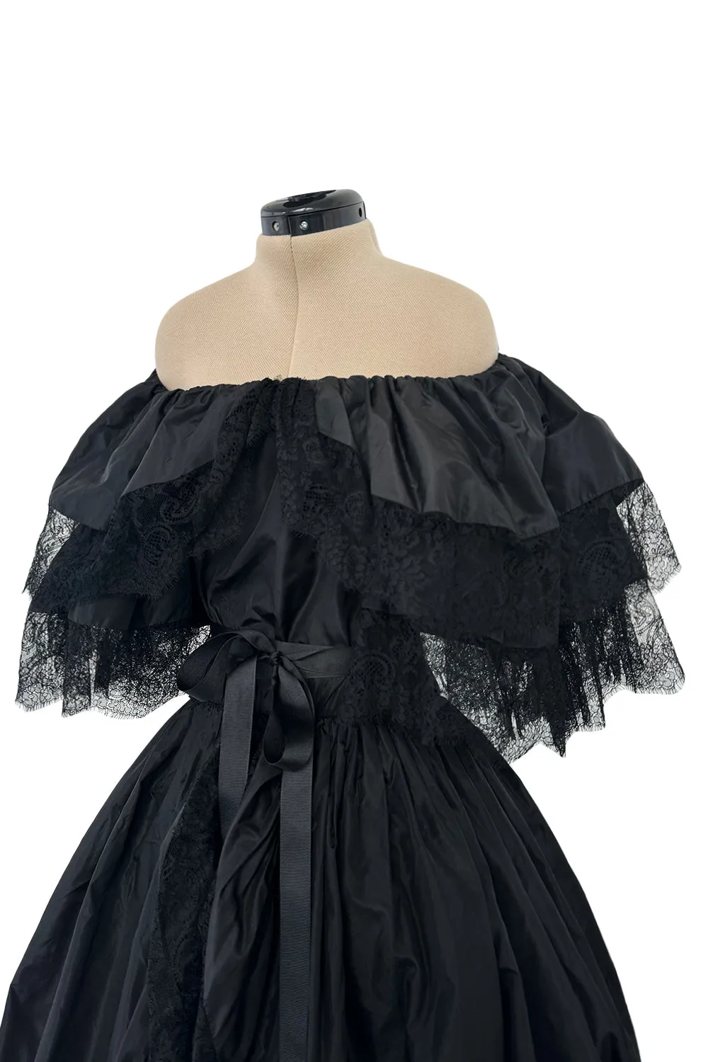 Dramatic 1970s Louis MiesOff Shoulder Haute Couture Silk Dress w Hand Made Lace & Full Skirt