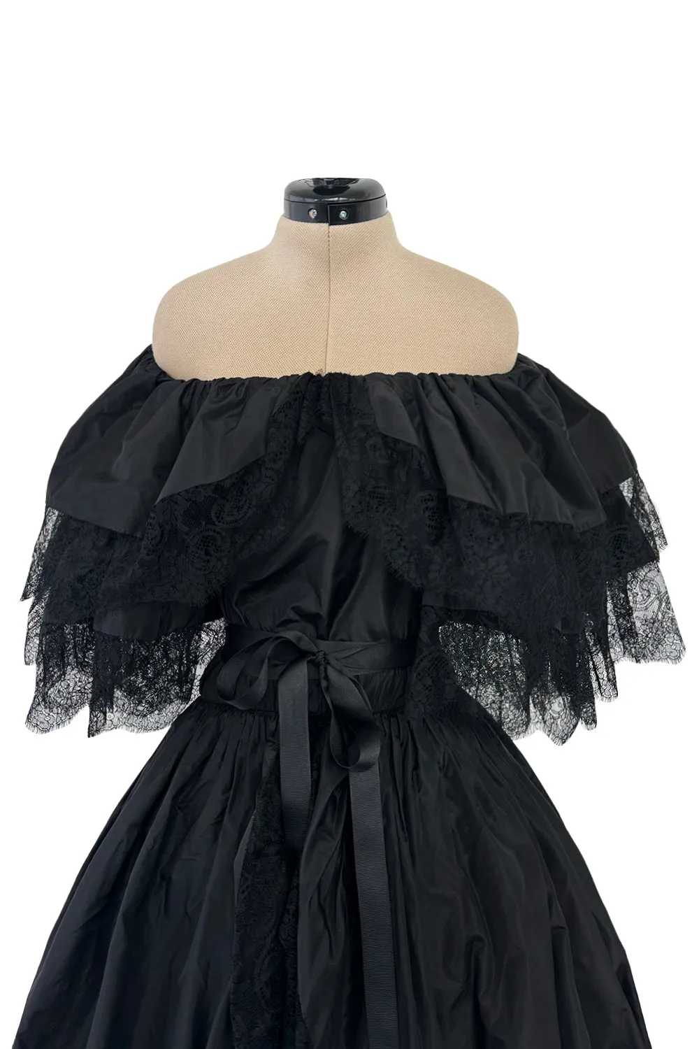 Dramatic 1970s Louis MiesOff Shoulder Haute Couture Silk Dress w Hand Made Lace & Full Skirt