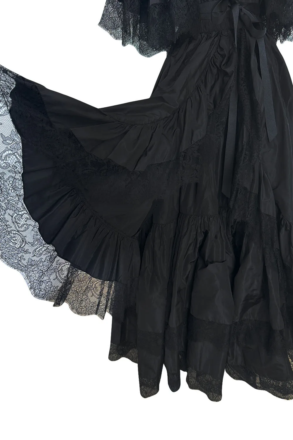 Dramatic 1970s Louis MiesOff Shoulder Haute Couture Silk Dress w Hand Made Lace & Full Skirt