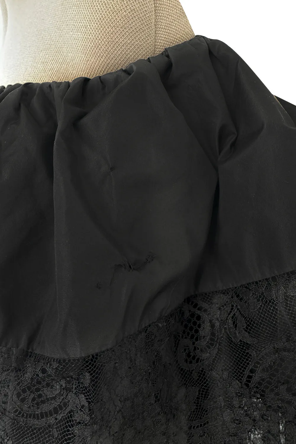 Dramatic 1970s Louis MiesOff Shoulder Haute Couture Silk Dress w Hand Made Lace & Full Skirt