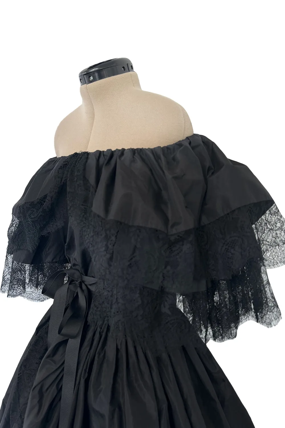 Dramatic 1970s Louis MiesOff Shoulder Haute Couture Silk Dress w Hand Made Lace & Full Skirt