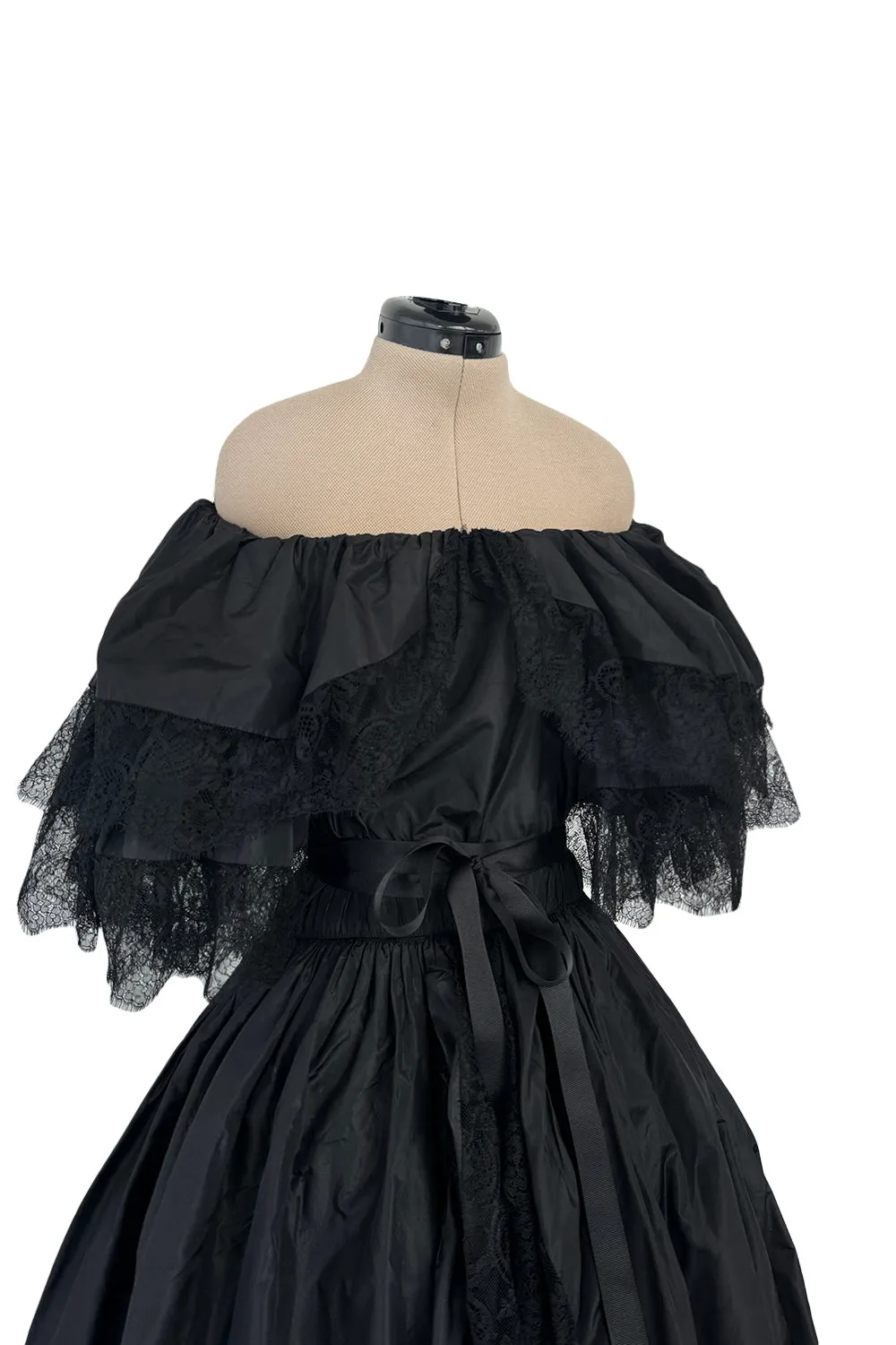 Dramatic 1970s Louis MiesOff Shoulder Haute Couture Silk Dress w Hand Made Lace & Full Skirt
