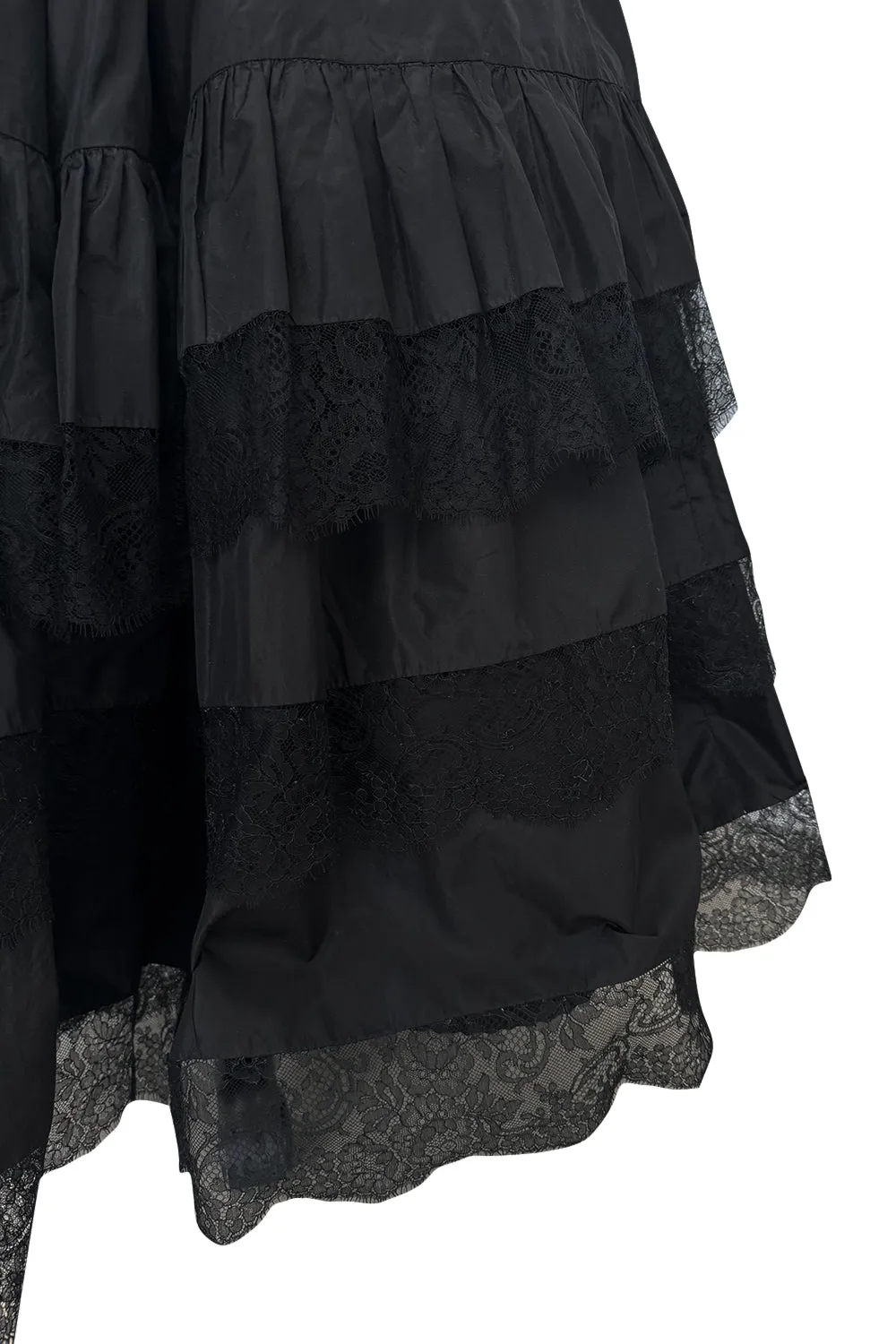 Dramatic 1970s Louis MiesOff Shoulder Haute Couture Silk Dress w Hand Made Lace & Full Skirt