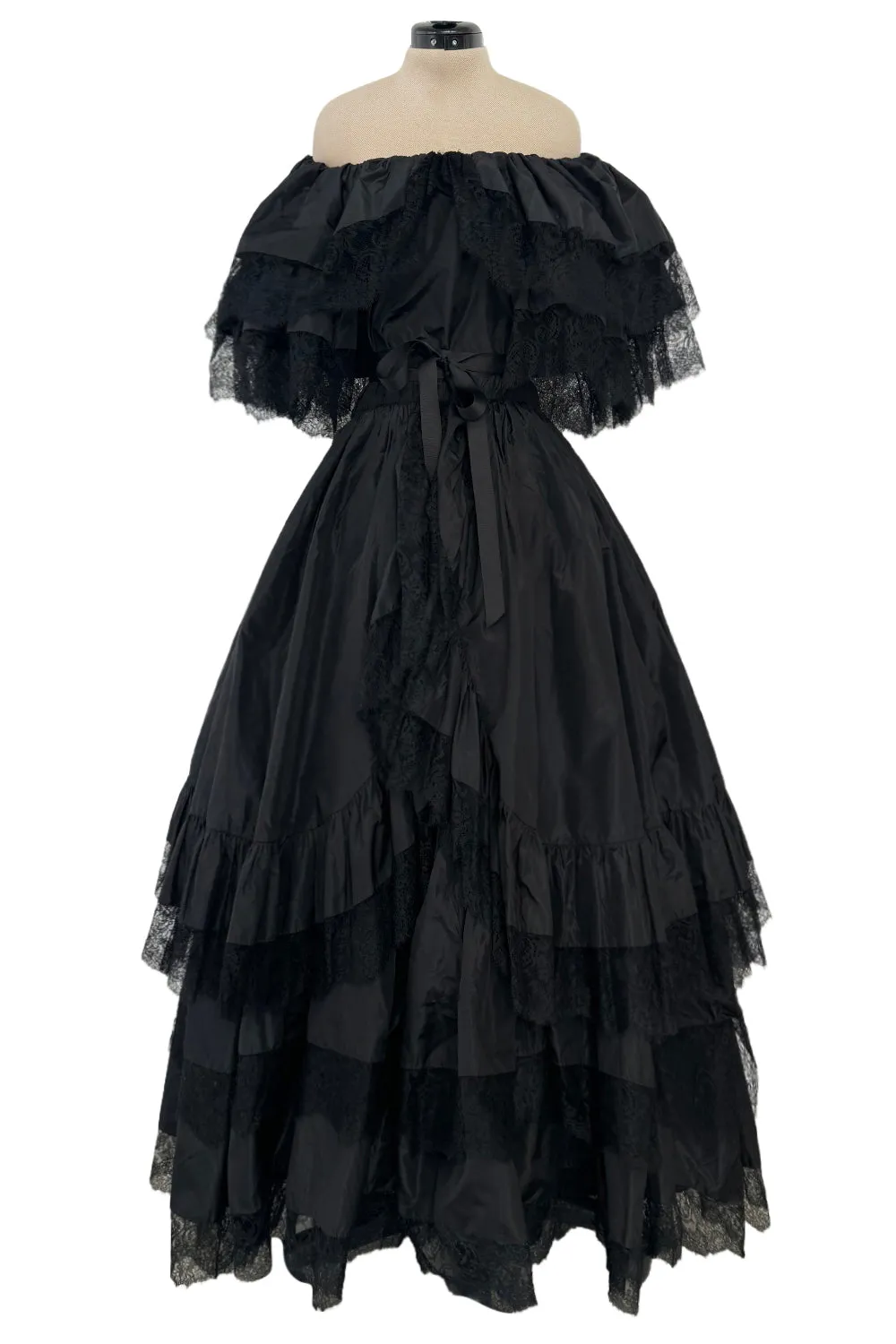 Dramatic 1970s Louis MiesOff Shoulder Haute Couture Silk Dress w Hand Made Lace & Full Skirt