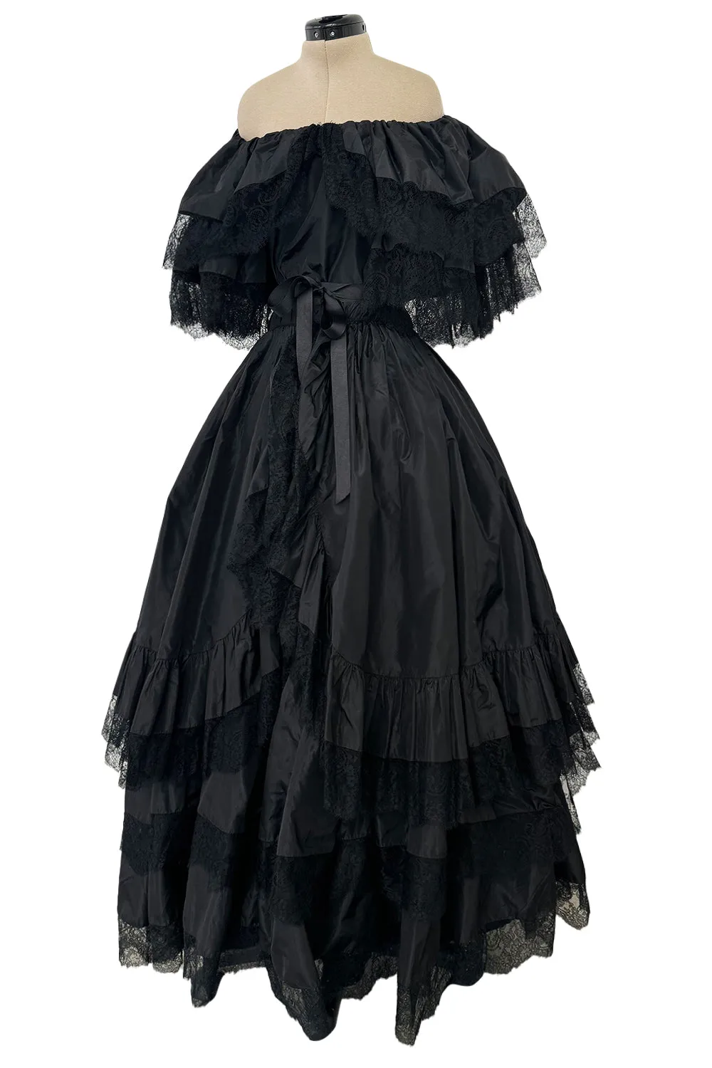 Dramatic 1970s Louis MiesOff Shoulder Haute Couture Silk Dress w Hand Made Lace & Full Skirt