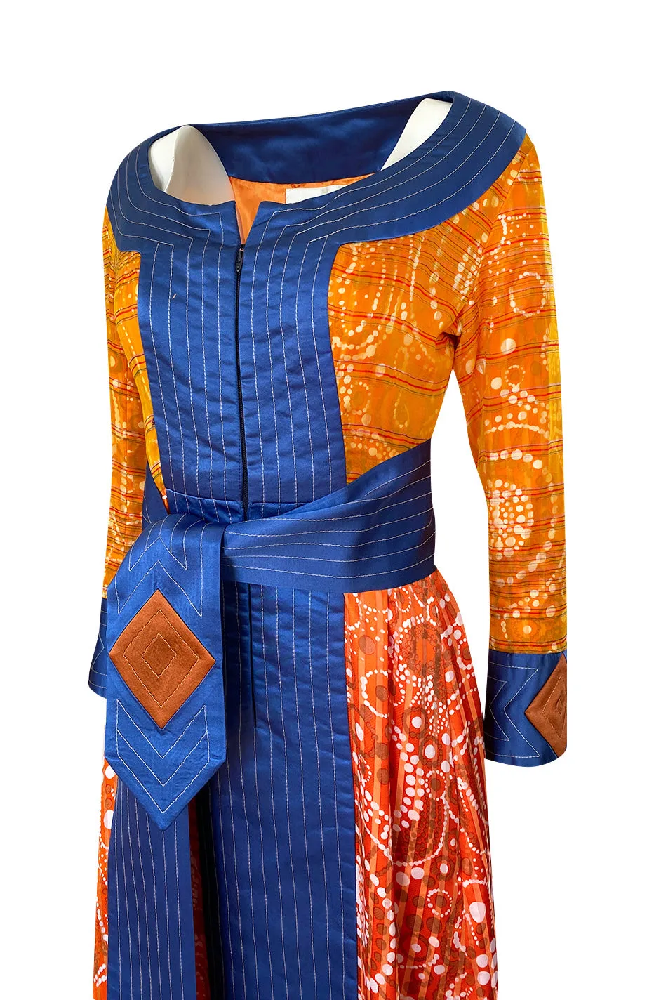 Dramatic 1970s Ronald Amey Orange Blue & Coral Print Silk Couture Dress