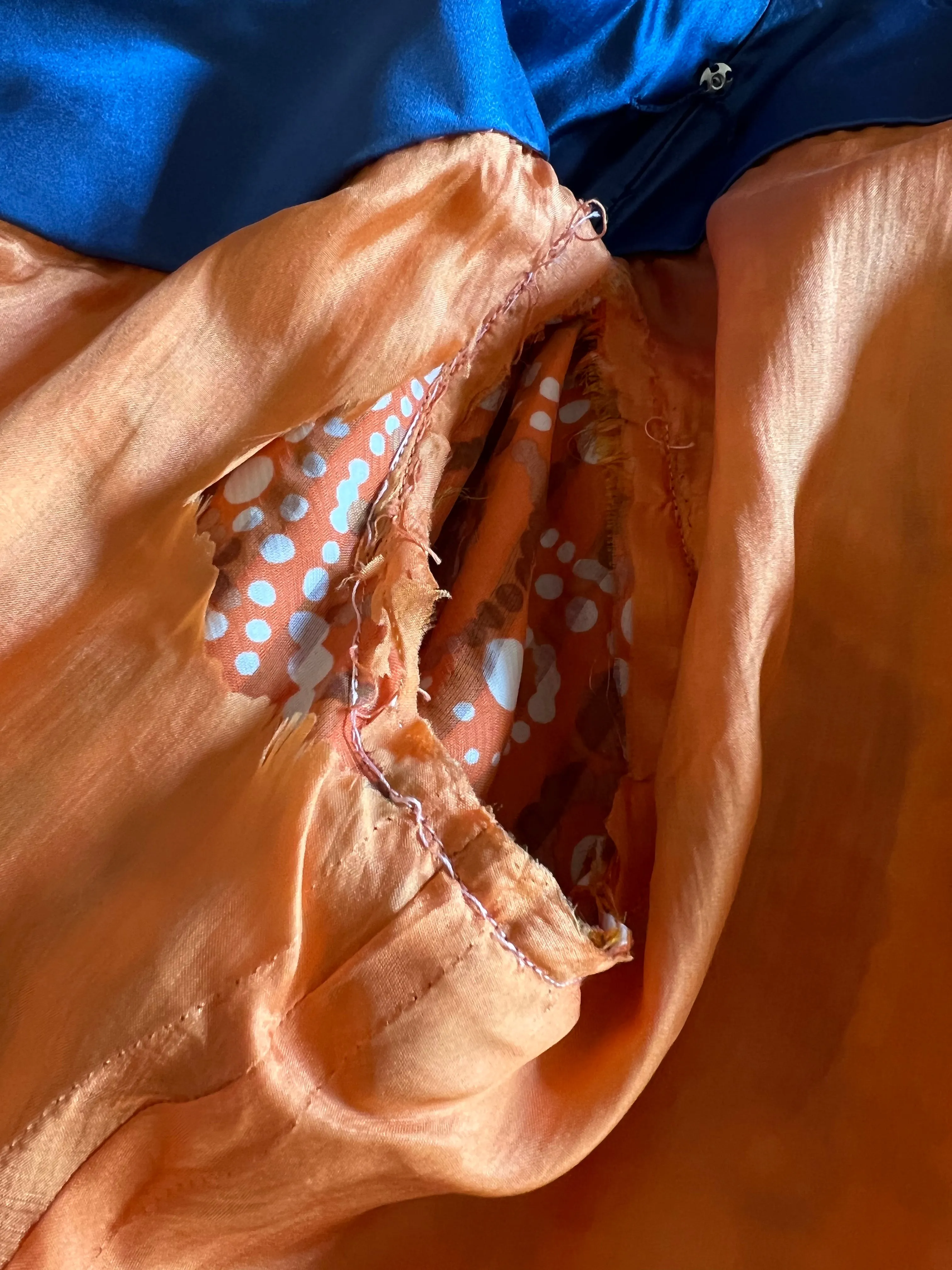 Dramatic 1970s Ronald Amey Orange Blue & Coral Print Silk Couture Dress