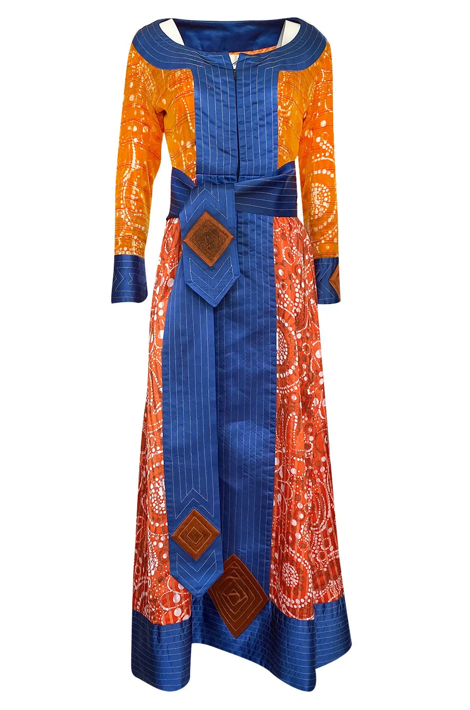 Dramatic 1970s Ronald Amey Orange Blue & Coral Print Silk Couture Dress