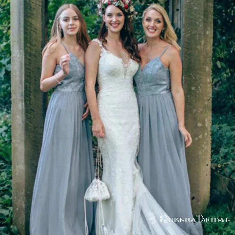 Dusty Blue Spaghetti Strap Chiffon Cheap Long Bridesmaid Dresses, QB0648