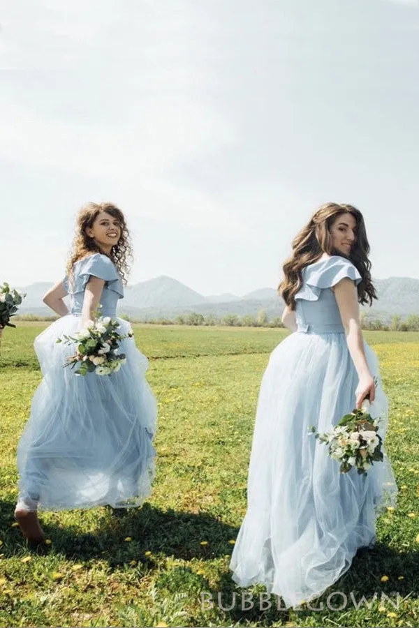 Dusty Blue Tulle A-line Long Custom Bridesmaid Dresses , BGB0027
