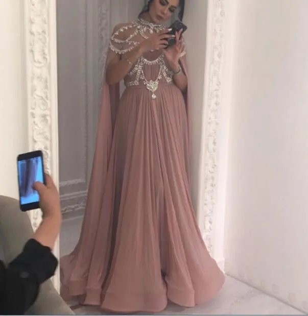 dusty pink prom dresses 2020 high neck crystals beaded pleated chiffon prom gown vestido Longo