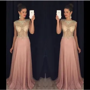 dusty pink prom dresses long cap sleeve beaded crystals chiffon a line cheap prom gowns robe de soiree