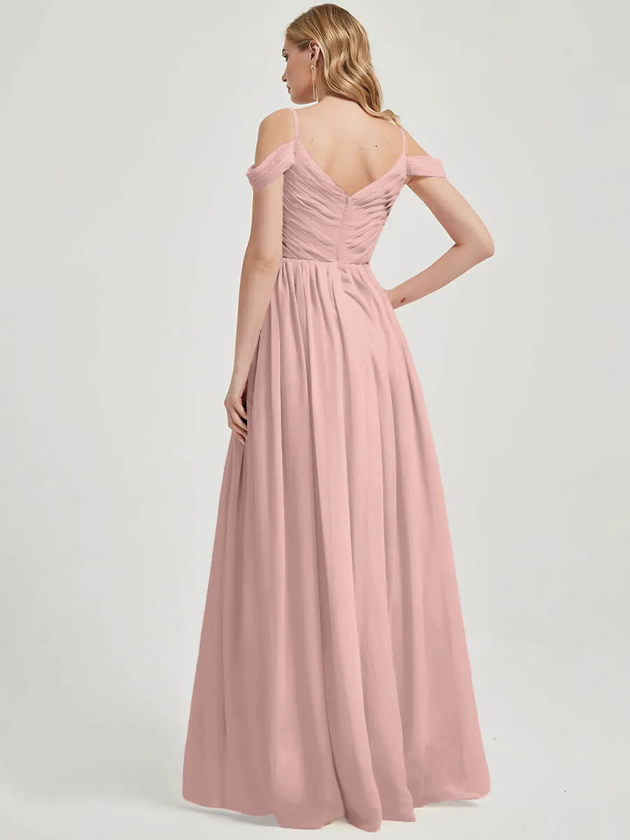 Dusty Pink Spaghetti Straps Pleated Chiffon Bridesmaid Dress