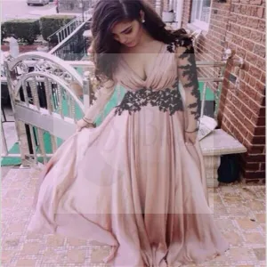 Dusty Pink V-neck Long Sleeve Chiffon Popular Prom Dresses Online,PD0112