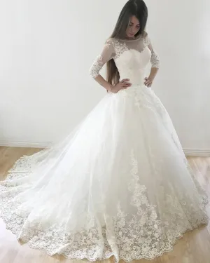 Elegant 2019 Lace Wedding Dress Half Sleeve Unique Lace Appliques Ball Gown Bridal Dress