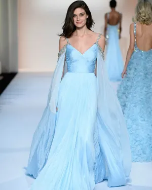 Elegant 2019 Light Blue Chiffon Prom Dresses Off The Shoulder Long Prom Gowns for Party