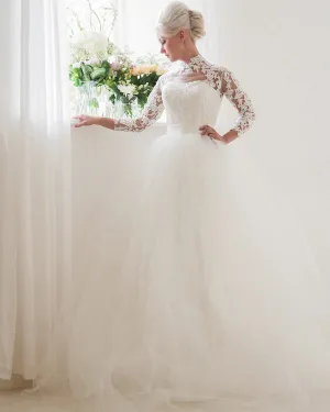 Elegant 2019 Wedding Dress Full Sleeve Lace Appliques High Neck Tulle Puffy Ball Gown for Brides