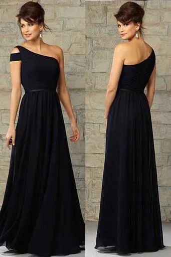 Elegant Chiffon Navy Blue One Shoulder Formal Floor-Length Bridesmaid Dresses, MB138