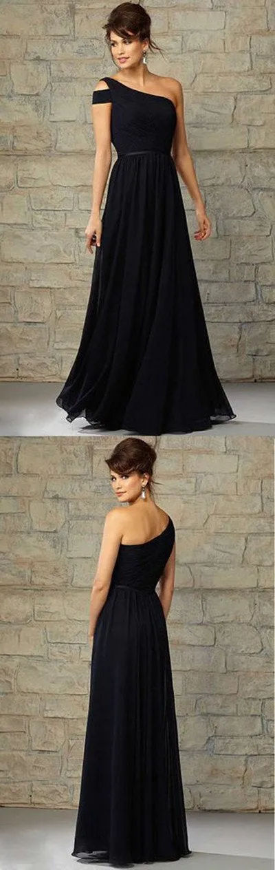Elegant Chiffon Navy Blue One Shoulder Formal Floor-Length Bridesmaid Dresses, MB138