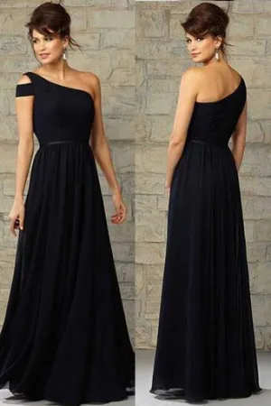 Elegant Chiffon Navy Blue One Shoulder Formal Floor-Length Bridesmaid Dresses, MB138