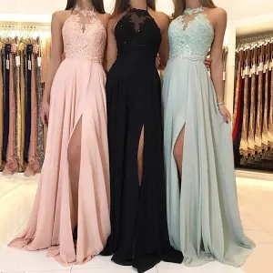 Elegant Long Chiffon Lace Halter Bridesmaids Dresses