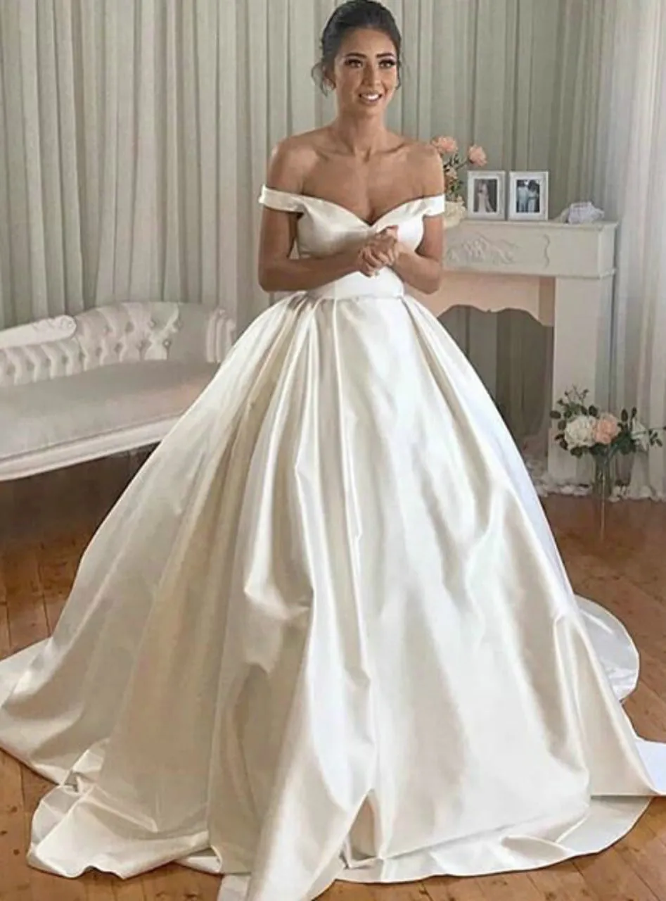 Elegant Satin Wedding Dresses Ball Gowns Off The Shoulder 2020 Modest Bridal Gowns Backless