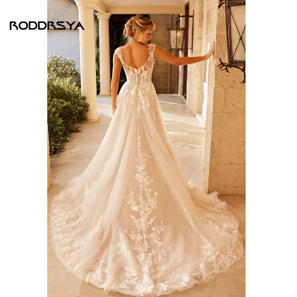 Elegant Wedding Dress For Women V-Neck Cap Sleeve Lace