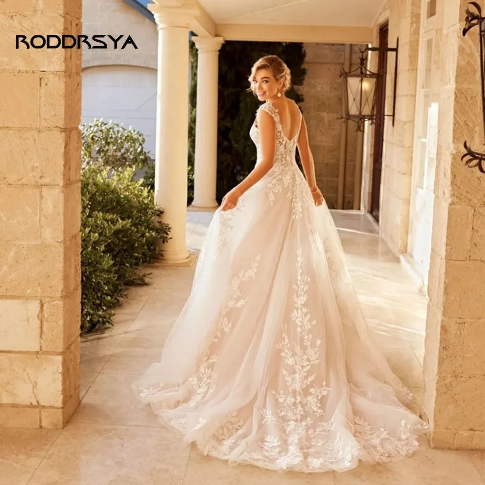 Elegant Wedding Dress For Women V-Neck Cap Sleeve Lace