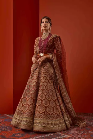 Embellished Red Bridal Lehenga in Jamawar Print #BN1058