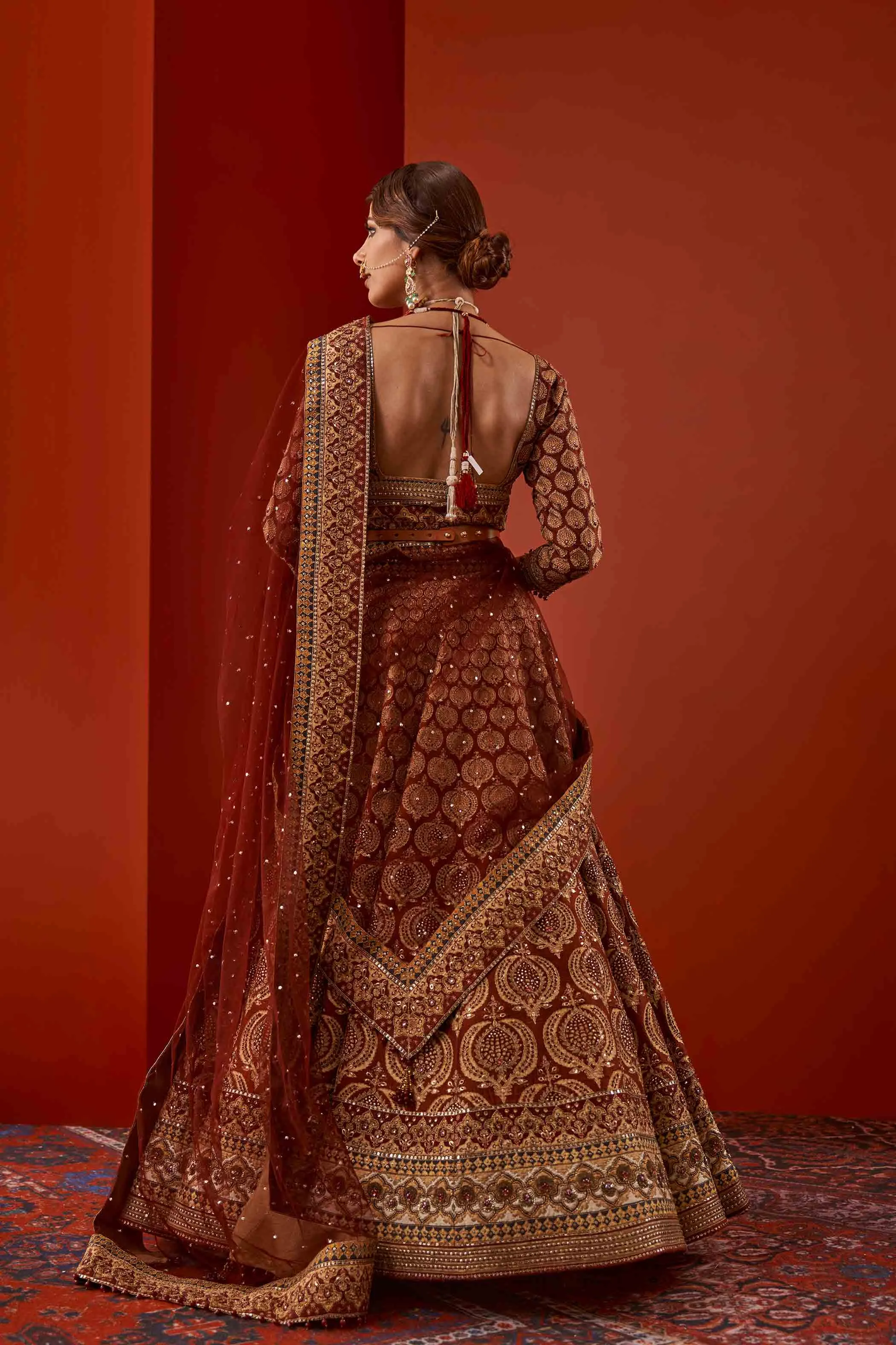 Embellished Red Bridal Lehenga in Jamawar Print #BN1058