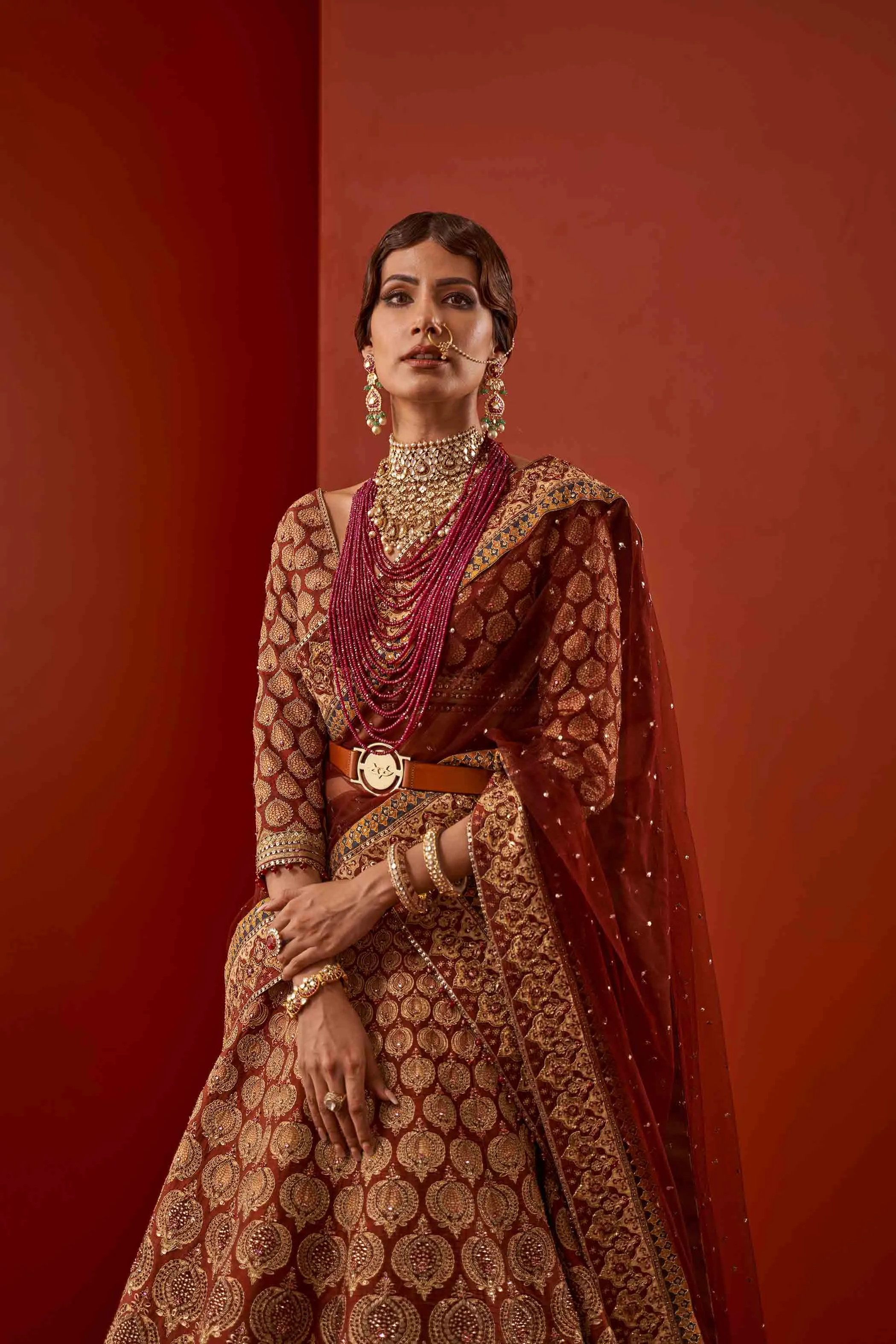 Embellished Red Bridal Lehenga in Jamawar Print #BN1058