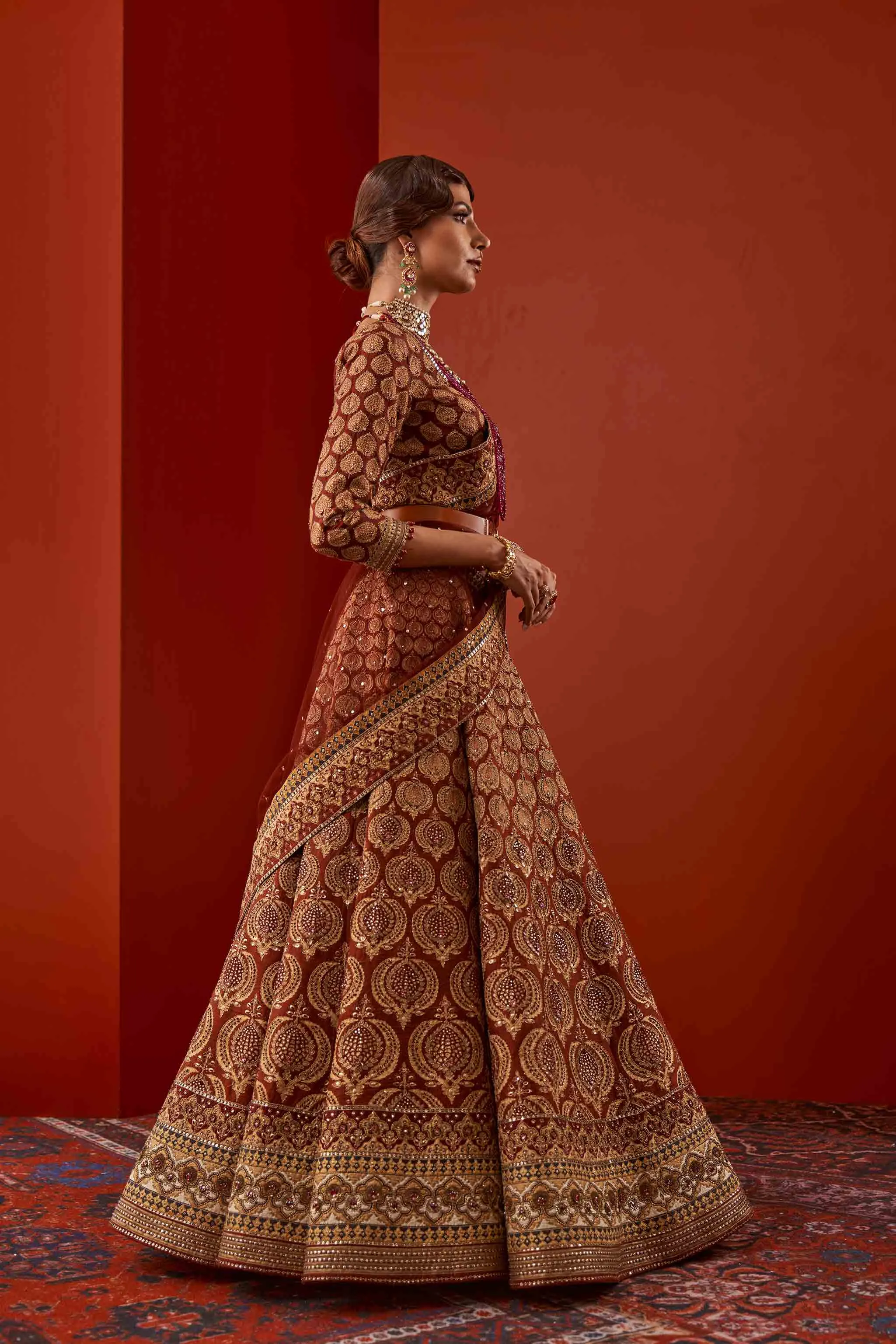 Embellished Red Bridal Lehenga in Jamawar Print #BN1058