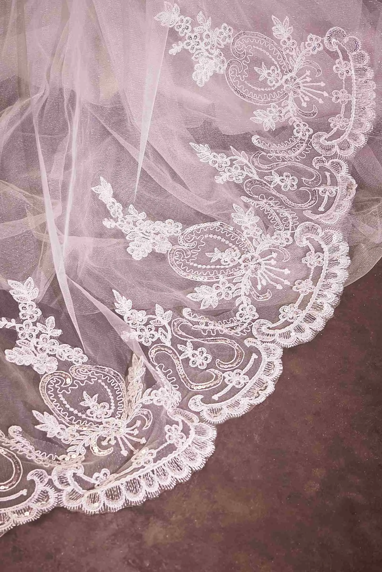 Embroidery Hem Lace Chapel Veil