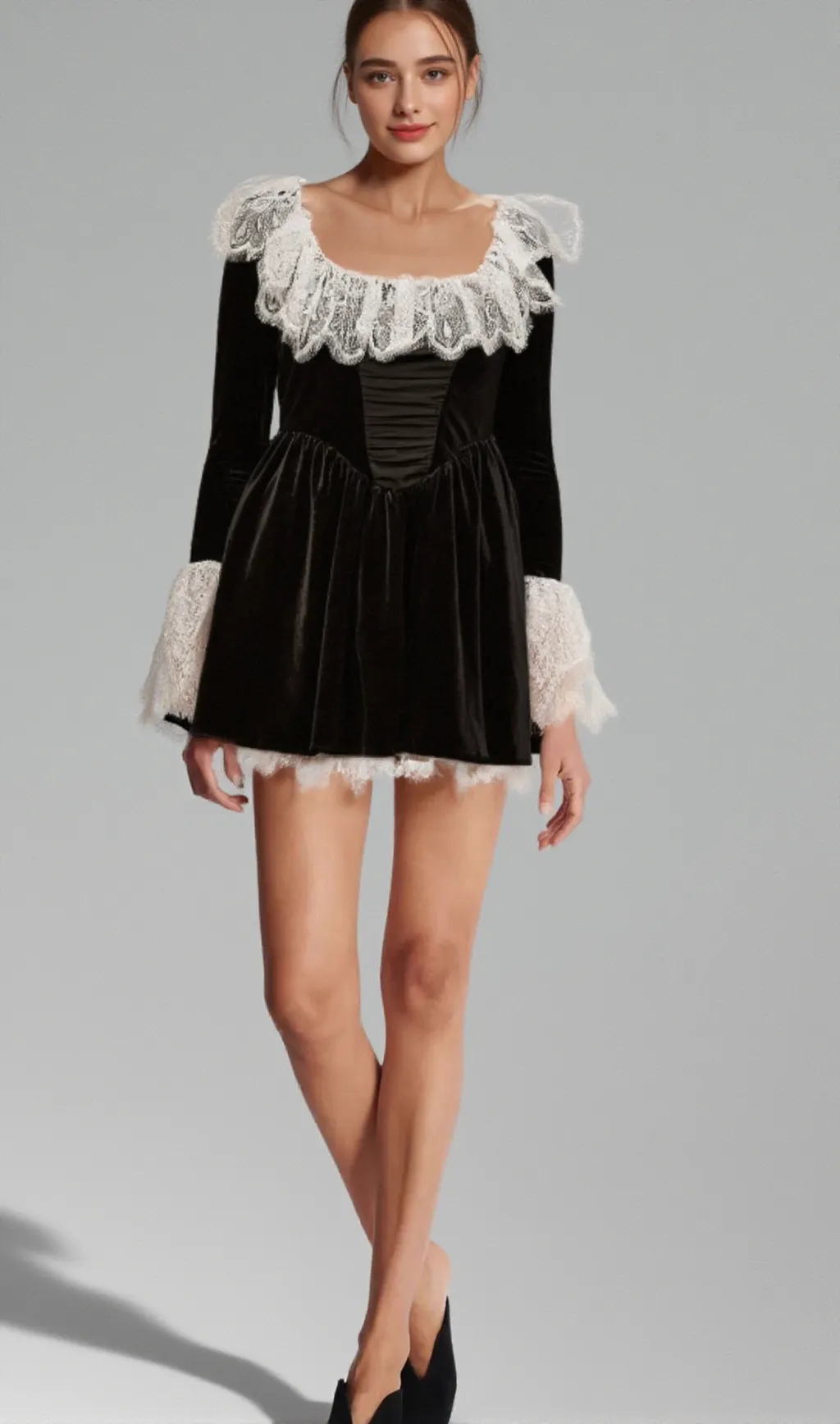 Fabiana black lace-trimmed velvet mini dress