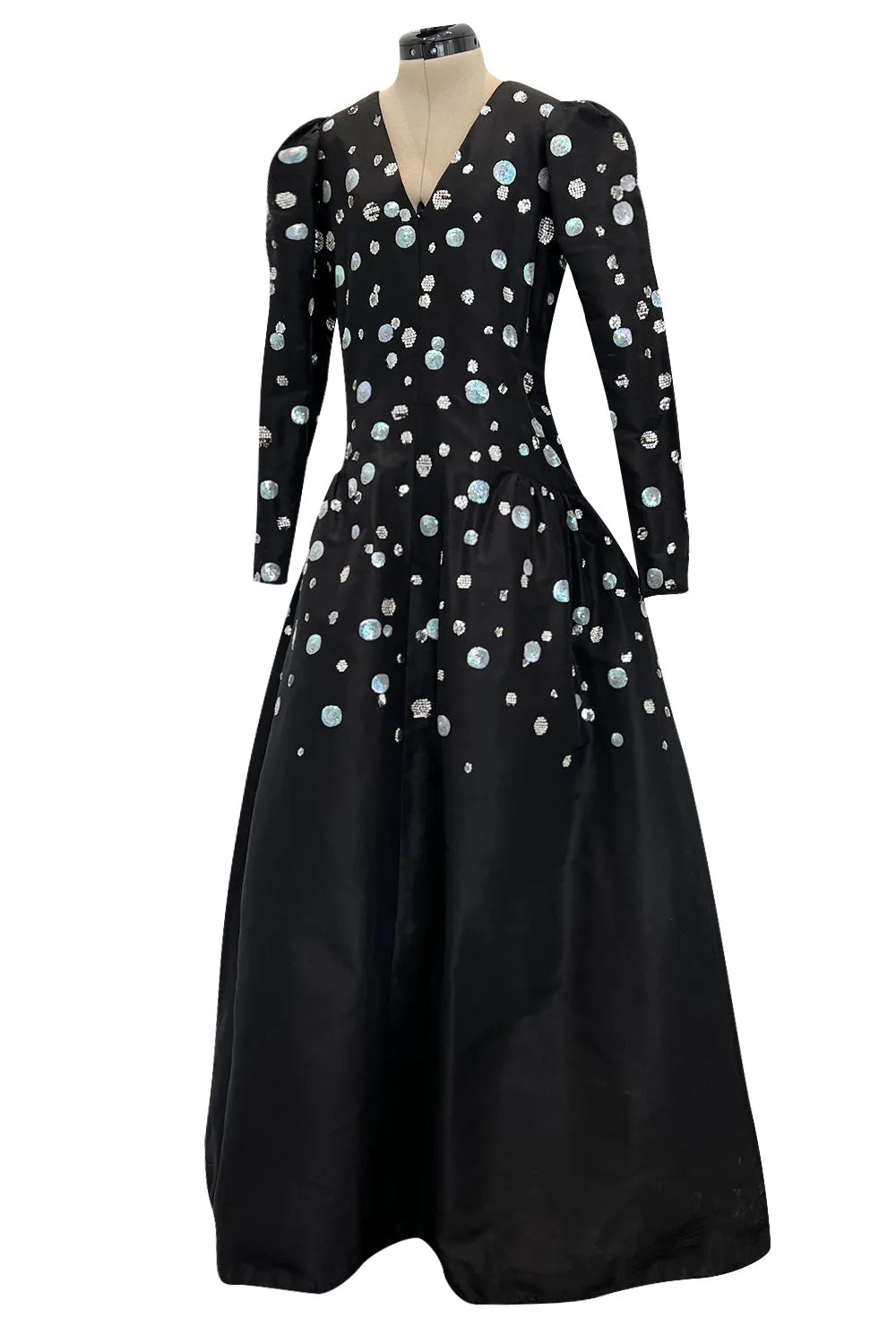 Fall 1979 Yves Saint Laurent Unlabled Haute Couture Black Silk Dress w Sequin & Rhinestone Detailing