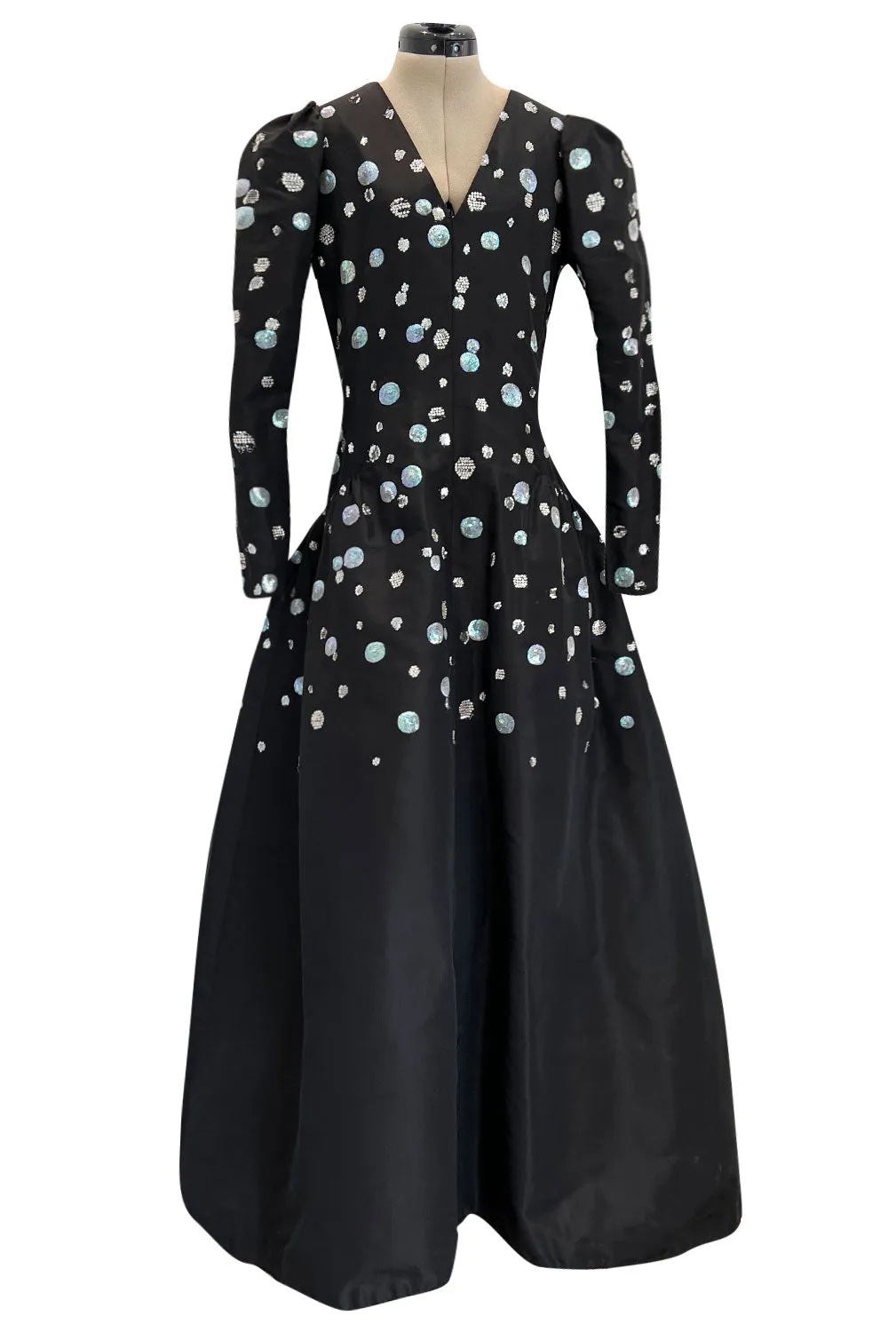Fall 1979 Yves Saint Laurent Unlabled Haute Couture Black Silk Dress w Sequin & Rhinestone Detailing