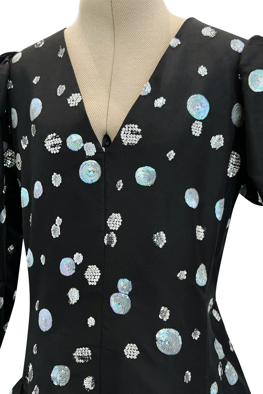 Fall 1979 Yves Saint Laurent Unlabled Haute Couture Black Silk Dress w Sequin & Rhinestone Detailing