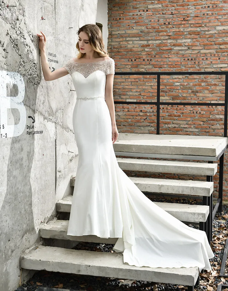Fashion Mermaid Wedding Dresses Beading Crystal Bridal Cap Sleeve Wedding Dress with Train