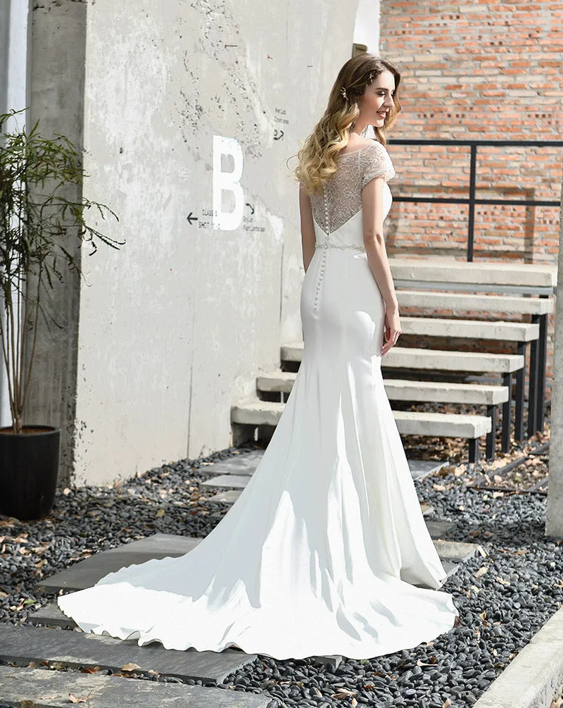 Fashion Mermaid Wedding Dresses Beading Crystal Bridal Cap Sleeve Wedding Dress with Train