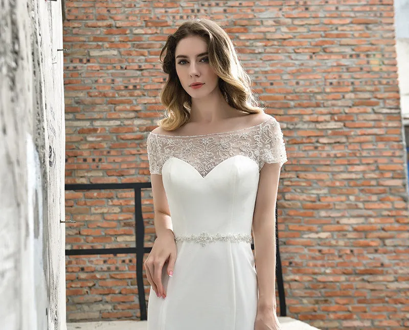 Fashion Mermaid Wedding Dresses Beading Crystal Bridal Cap Sleeve Wedding Dress with Train