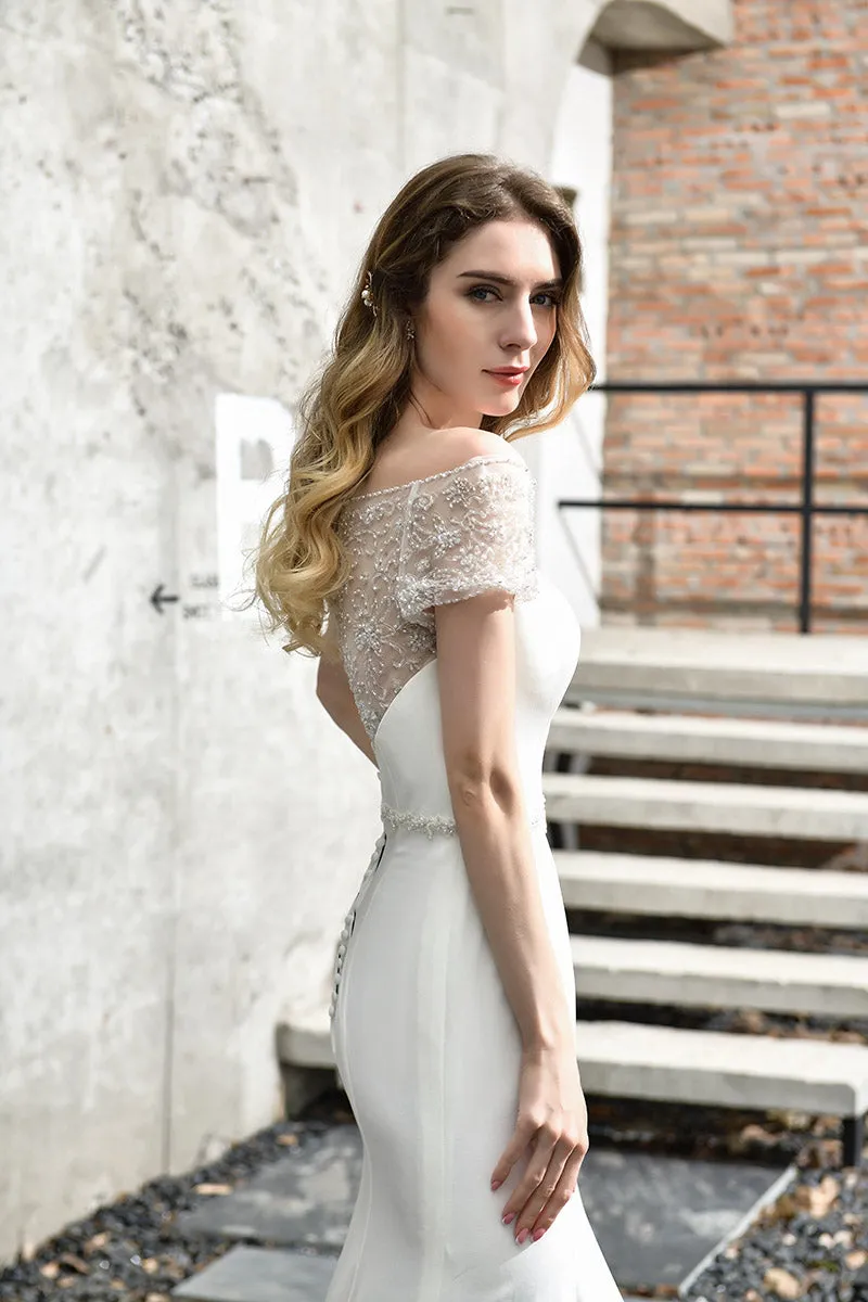 Fashion Mermaid Wedding Dresses Beading Crystal Bridal Cap Sleeve Wedding Dress with Train