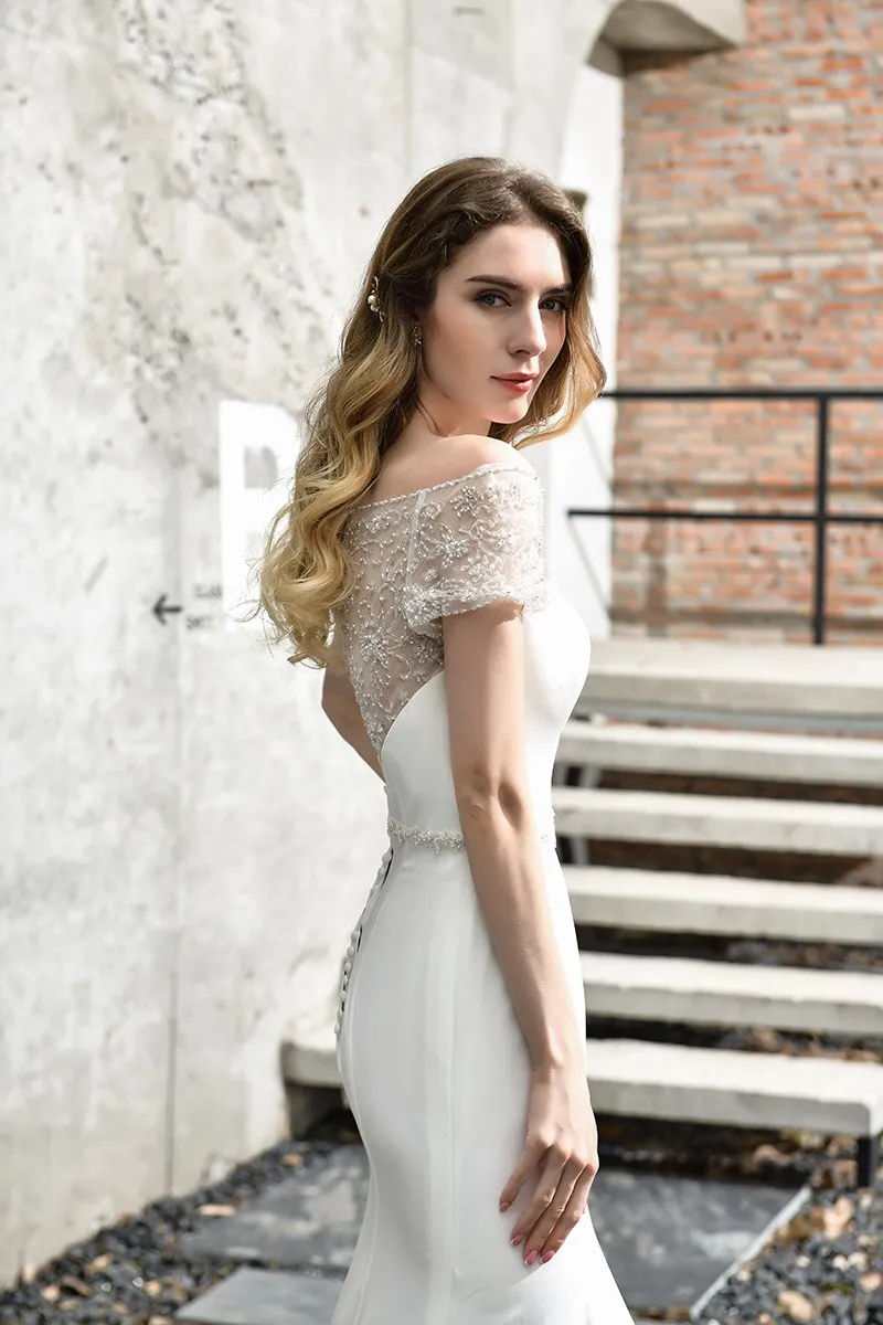 Fashion Mermaid Wedding Dresses Beading Crystal Bridal Cap Sleeve Wedding Dress with Train