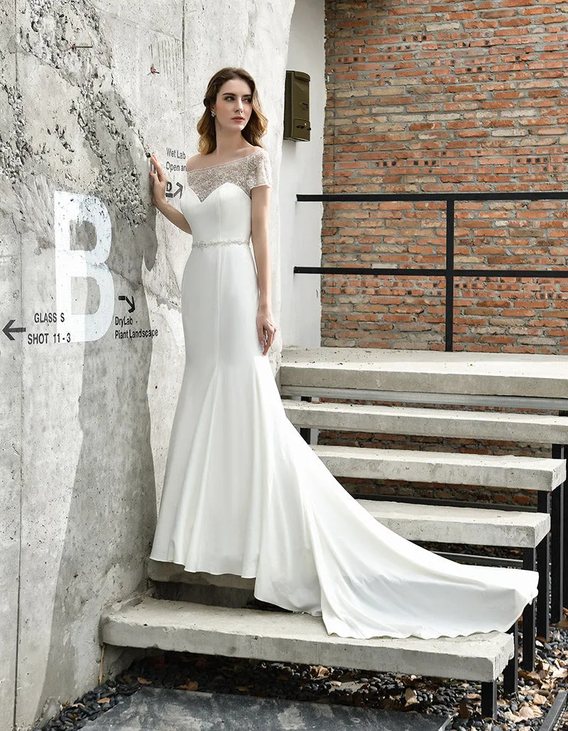 Fashion Mermaid Wedding Dresses Beading Crystal Bridal Cap Sleeve Wedding Dress with Train