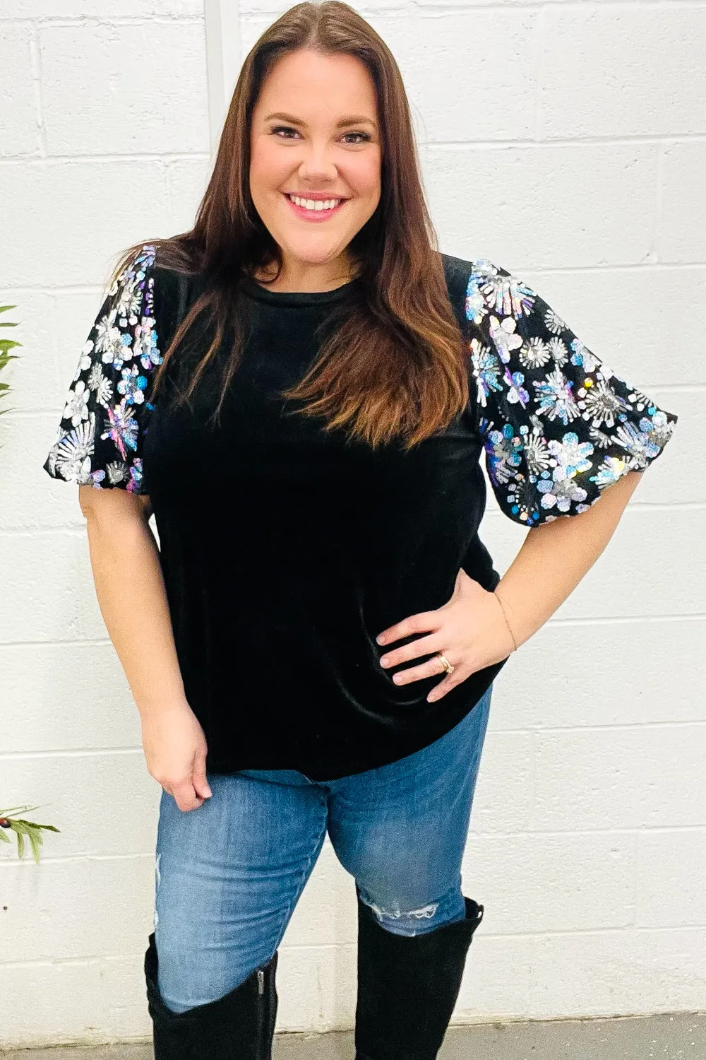 Feeling Glamorous Black Floral Sequin Puff Sleeve Velvet Top