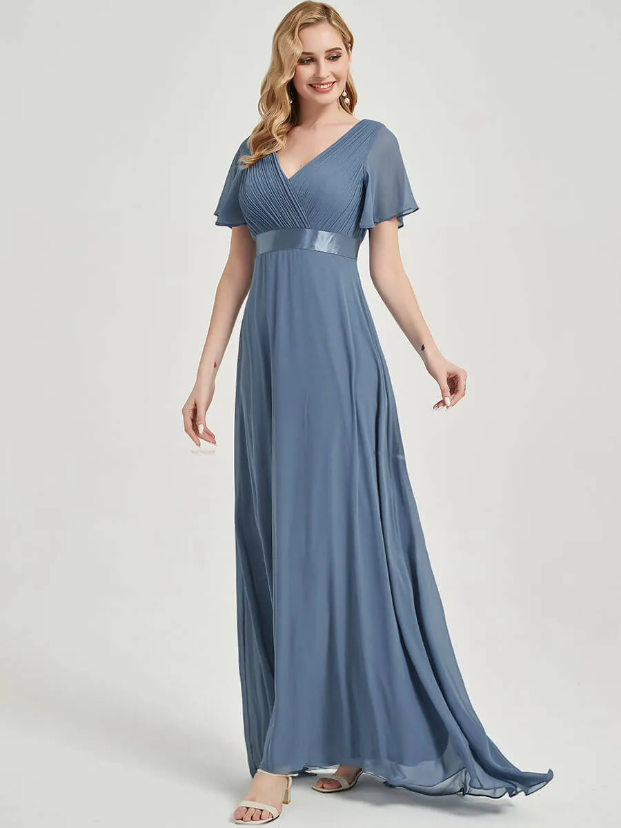 [Final Sale] Canyon Rose Short Sleeve Ruffle Pleated  A-Line Maxi Bridesmaid Dress