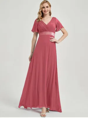 [Final Sale] Canyon Rose Short Sleeve Ruffle Pleated  A-Line Maxi Bridesmaid Dress