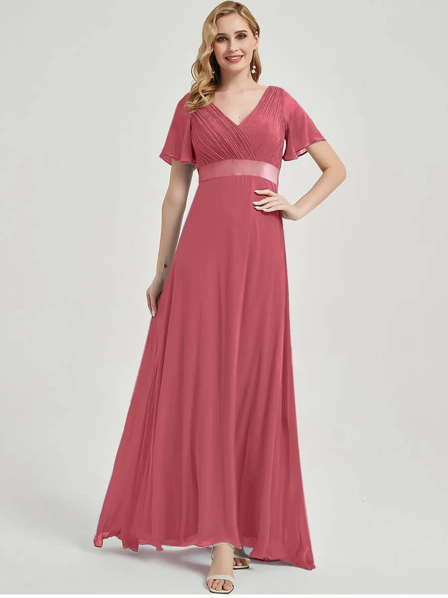 [Final Sale] Canyon Rose Short Sleeve Ruffle Pleated  A-Line Maxi Bridesmaid Dress